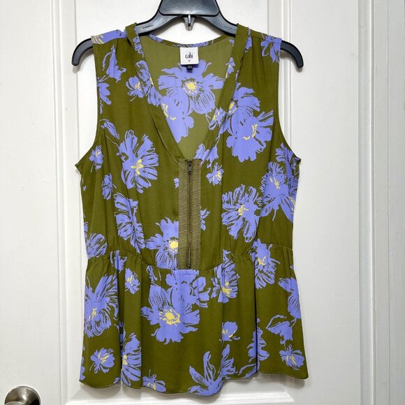 CABI Celebrity Floral Print V-Neck Sleeveless Peplum Top in Olive Green, Lavand - Picture 5 of 13